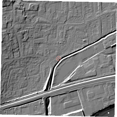 Shaded relief map of the ground around HU130AX, computed from Environment Agency LiDAR. The ground here sits at about 4 m above sea level and falls 15 m across the surrounding 800 m. Surface water reaching this point runs off ground lying to the south-south-west, 10.3 m higher.