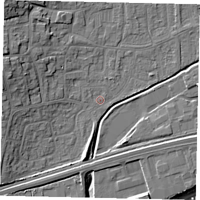 Shaded relief map of the ground around HU130AY, computed from Environment Agency LiDAR. The ground here sits at about 4 m above sea level and falls 15 m across the surrounding 800 m. Surface water reaching this point runs off ground lying to the west-north-west, 9.6 m higher.
