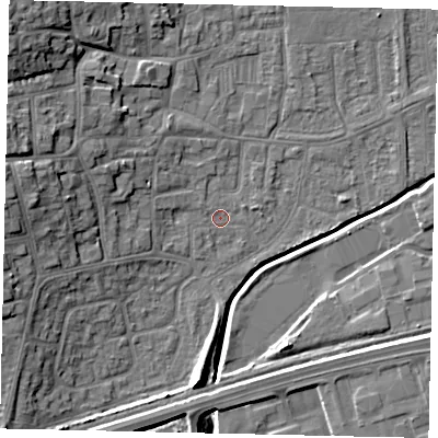 Shaded relief map of the ground around HU130AZ, computed from Environment Agency LiDAR. The ground here sits at about 4 m above sea level and falls 15 m across the surrounding 800 m. Surface water reaching this point runs off ground lying to the west-north-west, 10.1 m higher.
