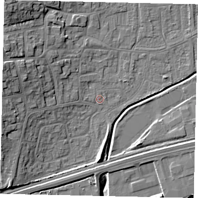 Shaded relief map of the ground around HU130BA, computed from Environment Agency LiDAR. The ground here sits at about 4 m above sea level and falls 16 m across the surrounding 800 m. Surface water reaching this point runs off ground lying to the west-north-west, 11.4 m higher.