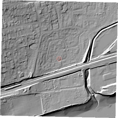 Shaded relief map of the ground around HU130BN, computed from Environment Agency LiDAR. The ground here sits at about 4 m above sea level and falls 23 m across the surrounding 800 m. Surface water reaching this point runs off ground lying to the west-south-west, 5.7 m higher.