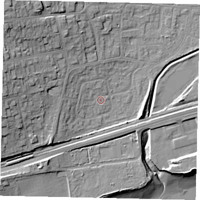 Shaded relief map of the ground around HU130BS, computed from Environment Agency LiDAR. The ground here sits at about 4 m above sea level and falls 23 m across the surrounding 800 m. Surface water reaching this point runs off ground lying to the west, 5.0 m higher.