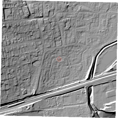 Shaded relief map of the ground around HU130BT, computed from Environment Agency LiDAR. The ground here sits at about 6 m above sea level and falls 24 m across the surrounding 800 m. Surface water reaching this point runs off ground lying to the west, 3.8 m higher.