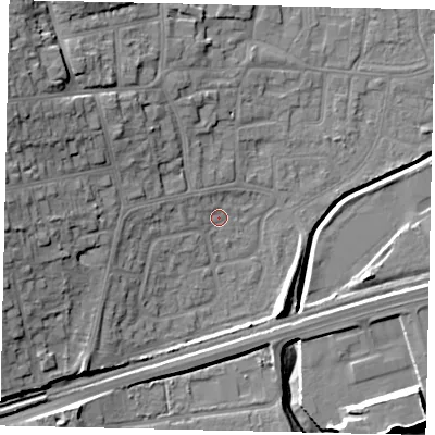 Shaded relief map of the ground around HU130BU, computed from Environment Agency LiDAR. The ground here sits at about 4 m above sea level and falls 20 m across the surrounding 800 m. Surface water reaching this point runs off ground lying to the west, 5.1 m higher.