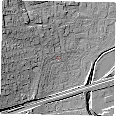 Shaded relief map of the ground around HU130BX, computed from Environment Agency LiDAR. The ground here sits at about 6 m above sea level and falls 23 m across the surrounding 800 m. Surface water reaching this point runs off ground lying to the west, 3.3 m higher.