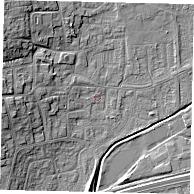 Shaded relief map of the ground around HU130BY, computed from Environment Agency LiDAR. The ground here sits at about 4 m above sea level and falls 14 m across the surrounding 800 m. Surface water reaching this point runs off ground lying to the west, 6.1 m higher.