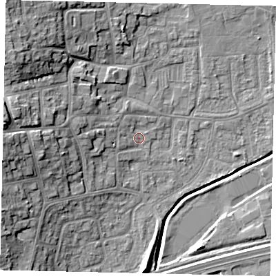 Shaded relief map of the ground around HU130DL, computed from Environment Agency LiDAR. The ground here sits at about 4 m above sea level and falls 16 m across the surrounding 800 m. Surface water reaching this point runs off ground lying to the west-north-west, 5.3 m higher.