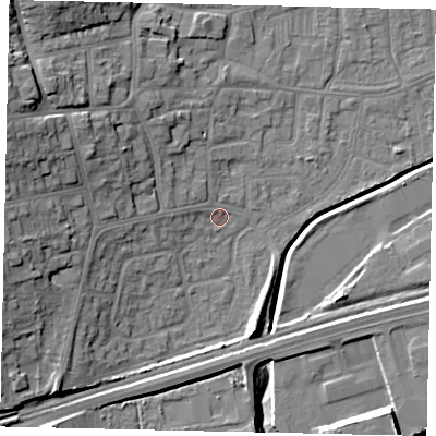 Shaded relief map of the ground around HU130DR, computed from Environment Agency LiDAR. The ground here sits at about 4 m above sea level and falls 18 m across the surrounding 800 m. Surface water reaching this point runs off ground lying to the west-north-west, 13.1 m higher.