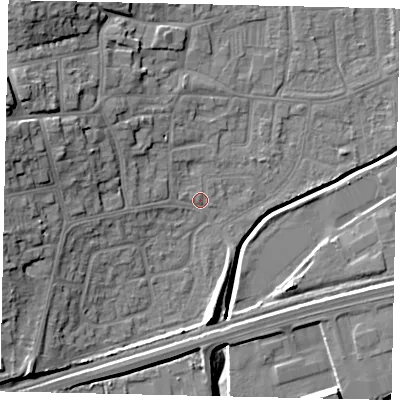 Shaded relief map of the ground around HU130DS, computed from Environment Agency LiDAR. The ground here sits at about 4 m above sea level and falls 16 m across the surrounding 800 m. Surface water reaching this point runs off ground lying to the west-north-west, 11.8 m higher.