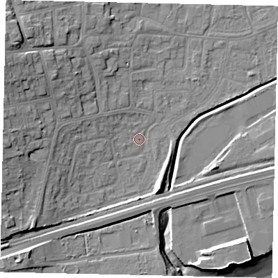 Shaded relief map of the ground around HU130DT, computed from Environment Agency LiDAR. The ground here sits at about 4 m above sea level and falls 19 m across the surrounding 800 m. Surface water reaching this point runs off ground lying to the west-south-west, 9.0 m higher.
