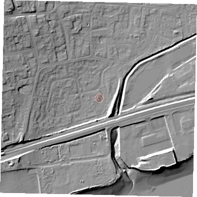 Shaded relief map of the ground around HU130DX, computed from Environment Agency LiDAR. The ground here sits at about 4 m above sea level and falls 19 m across the surrounding 800 m. Surface water reaching this point runs off ground lying to the west, 8.8 m higher.