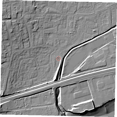 Shaded relief map of the ground around HU130DY, computed from Environment Agency LiDAR. The ground here sits at about 4 m above sea level and falls 17 m across the surrounding 800 m. Surface water reaching this point runs off ground lying to the north-east, 0.5 m higher.