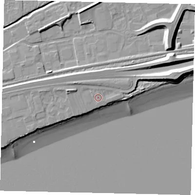 Shaded relief map of the ground around HU130DZ, computed from Environment Agency LiDAR. The ground here sits at about 7 m above sea level and falls 15 m across the surrounding 800 m. Surface water reaching this point runs off ground lying to the north-west, 1.0 m higher.