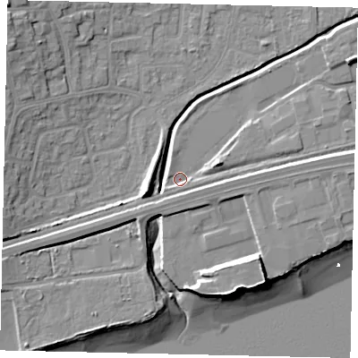 Shaded relief map of the ground around HU130EB, computed from Environment Agency LiDAR. The ground here sits at about 4 m above sea level and falls 15 m across the surrounding 800 m. Surface water reaching this point runs off ground lying to the south-west, 2.0 m higher.