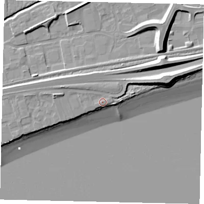 Shaded relief map of the ground around HU130EE, computed from Environment Agency LiDAR. The ground here sits at about 7 m above sea level and falls 15 m across the surrounding 800 m. Surface water reaching this point runs off ground lying to the west-north-west, 1.1 m higher.