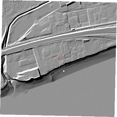 Shaded relief map of the ground around HU130EG, computed from Environment Agency LiDAR. The ground here sits at about 7 m above sea level and falls 15 m across the surrounding 800 m. Surface water reaching this point runs off ground lying to the east-north-east, 0.9 m higher.