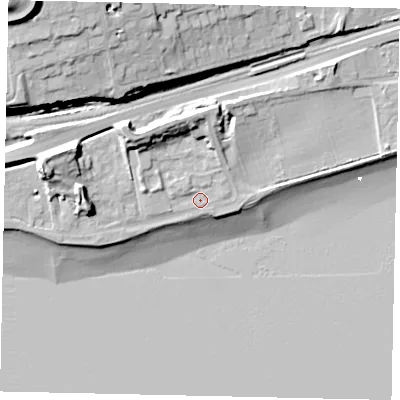 Shaded relief map of the ground around HU130HB, computed from Environment Agency LiDAR. The ground here sits at about 5 m above sea level and falls 36 m across the surrounding 800 m. Surface water reaching this point runs off ground lying to the north-west, 9.7 m higher.