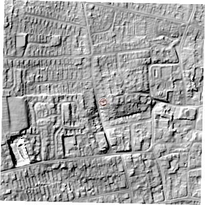 Shaded relief map of the ground around HU130PL, computed from Environment Agency LiDAR. The ground here sits at about 15 m above sea level and falls 29 m across the surrounding 800 m. Surface water reaching this point runs off ground lying to the west, 18.8 m higher.