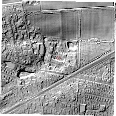 Shaded relief map of the ground around HU130QR, computed from Environment Agency LiDAR. The ground here sits at about 26 m above sea level and falls 30 m across the surrounding 800 m. Surface water reaching this point runs off ground lying to the west-south-west, 3.9 m higher.
