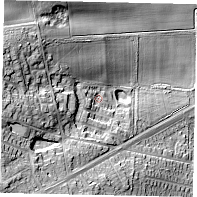 Shaded relief map of the ground around HU130QS, computed from Environment Agency LiDAR. The ground here sits at about 25 m above sea level and falls 31 m across the surrounding 800 m. Surface water reaching this point runs off ground lying to the west, 4.7 m higher.