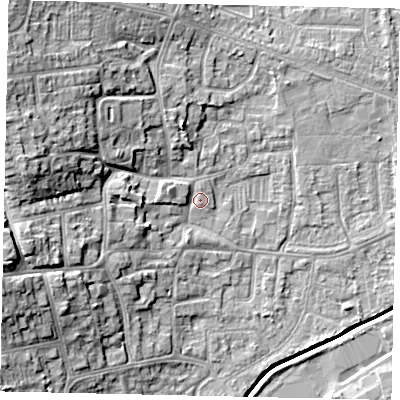 Shaded relief map of the ground around HU130RB, computed from Environment Agency LiDAR. The ground here sits at about 5 m above sea level and falls 16 m across the surrounding 800 m. Surface water reaching this point runs off ground lying to the west-north-west, 2.5 m higher.