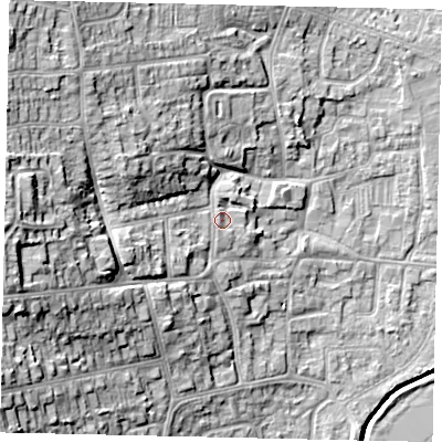 Shaded relief map of the ground around HU130RU, computed from Environment Agency LiDAR. The ground here sits at about 9 m above sea level and falls 23 m across the surrounding 800 m. Surface water reaching this point runs off ground lying to the west-south-west, 6.2 m higher.