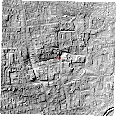 Shaded relief map of the ground around HU130RZ, computed from Environment Agency LiDAR. The ground here sits at about 9 m above sea level and falls 24 m across the surrounding 800 m. Surface water reaching this point runs off ground lying to the west, 17.3 m higher.