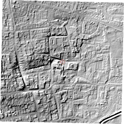 Shaded relief map of the ground around HU130SP, computed from Environment Agency LiDAR. The ground here sits at about 6 m above sea level and falls 20 m across the surrounding 800 m. Surface water reaching this point runs off ground lying to the west, 15.7 m higher.