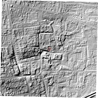 Shaded relief map of the ground around HU130SR, computed from Environment Agency LiDAR. The ground here sits at about 7 m above sea level and falls 20 m across the surrounding 800 m. Surface water reaching this point runs off ground lying to the west, 15.6 m higher.