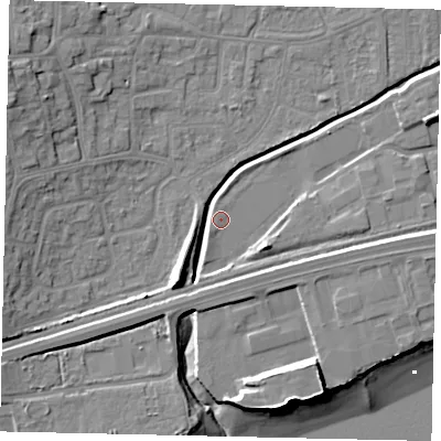 Shaded relief map of the ground around HU130TP, computed from Environment Agency LiDAR. The ground here sits at about 4 m above sea level and falls 15 m across the surrounding 800 m. Surface water reaching this point runs off ground lying to the west, 0.6 m higher.