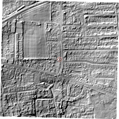 Shaded relief map of the ground around HU139AE, computed from Environment Agency LiDAR. The ground here sits at about 7 m above sea level and falls 16 m across the surrounding 800 m. Surface water reaching this point runs off ground lying to the west, 10.2 m higher.