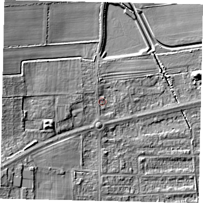 Shaded relief map of the ground around HU139AT, computed from Environment Agency LiDAR. The ground here sits at about 7 m above sea level and falls 13 m across the surrounding 800 m. Surface water reaching this point runs off ground lying to the west, 4.0 m higher.