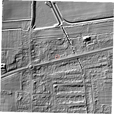 Shaded relief map of the ground around HU139AU, computed from Environment Agency LiDAR. The ground here sits at about 5 m above sea level and falls 9 m across the surrounding 800 m. Surface water reaching this point runs off ground lying to the west, 7.4 m higher.
