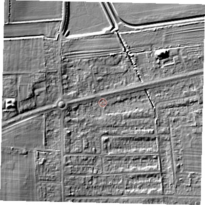 Shaded relief map of the ground around HU139BB, computed from Environment Agency LiDAR. The ground here sits at about 4 m above sea level and falls 10 m across the surrounding 800 m. Surface water reaching this point runs off ground lying to the west, 3.3 m higher.