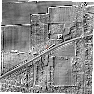 Shaded relief map of the ground around HU139BD, computed from Environment Agency LiDAR. The ground here sits at about 12 m above sea level and falls 26 m across the surrounding 800 m. Surface water reaching this point runs off ground lying to the west-south-west, 15.3 m higher.