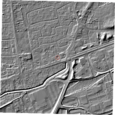 Shaded relief map of the ground around HU139BF, computed from Environment Agency LiDAR. The ground here sits at about 2 m above sea level and falls 8 m across the surrounding 800 m. Surface water reaching this point runs off ground lying to the east-south-east, 1.3 m higher.