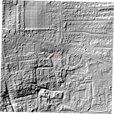 Shaded relief map of the ground around HU139BJ, computed from Environment Agency LiDAR. The ground here sits at about 7 m above sea level and falls 16 m across the surrounding 800 m. Surface water reaching this point runs off ground lying to the west, 12.5 m higher.