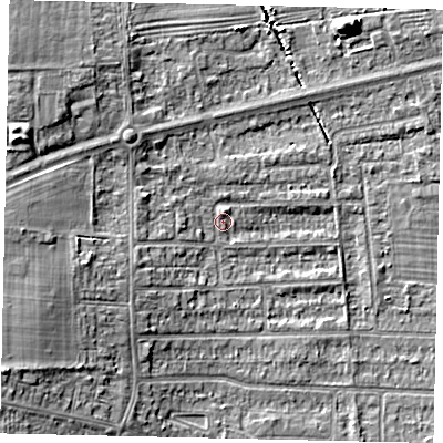 Shaded relief map of the ground around HU139DA, computed from Environment Agency LiDAR. The ground here sits at about 4 m above sea level and falls 11 m across the surrounding 800 m. Surface water reaching this point runs off ground lying to the west-south-west, 7.4 m higher.