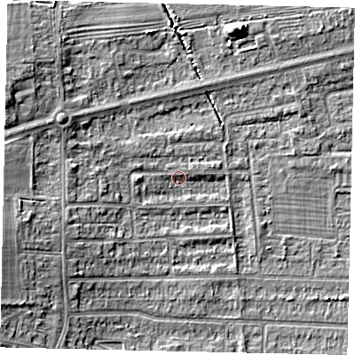 Shaded relief map of the ground around HU139DB, computed from Environment Agency LiDAR. The ground here sits at about 4 m above sea level and falls 8 m across the surrounding 800 m. Surface water reaching this point runs off ground lying to the west-south-west, 6.8 m higher.