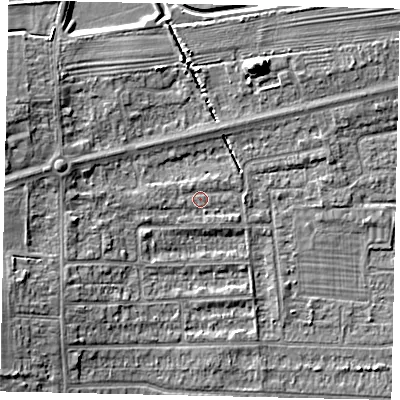 Shaded relief map of the ground around HU139DD, computed from Environment Agency LiDAR. The ground here sits at about 4 m above sea level and falls 7 m across the surrounding 800 m. Surface water reaching this point runs off ground lying to the west, 1.2 m higher.