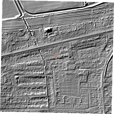 Shaded relief map of the ground around HU139DE, computed from Environment Agency LiDAR. The ground here sits at about 4 m above sea level and falls 8 m across the surrounding 800 m. Surface water reaching this point runs off ground lying to the east, 1.2 m higher.