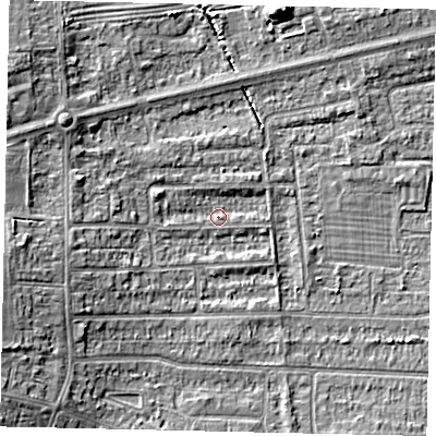 Shaded relief map of the ground around HU139DG, computed from Environment Agency LiDAR. The ground here sits at about 4 m above sea level and falls 7 m across the surrounding 800 m. Surface water reaching this point runs off ground lying to the west, 6.5 m higher.