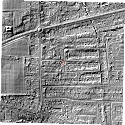 Shaded relief map of the ground around HU139DH, computed from Environment Agency LiDAR. The ground here sits at about 4 m above sea level and falls 11 m across the surrounding 800 m. Surface water reaching this point runs off ground lying to the west-south-west, 3.6 m higher.