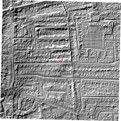 Shaded relief map of the ground around HU139DN, computed from Environment Agency LiDAR. The ground here sits at about 4 m above sea level and falls 6 m across the surrounding 800 m. Surface water reaching this point runs off ground lying to the west, 3.9 m higher.