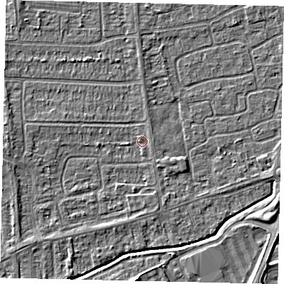 Shaded relief map of the ground around HU139EF, computed from Environment Agency LiDAR. The ground here sits at about 3 m above sea level and falls 7 m across the surrounding 800 m. Surface water reaching this point runs off ground lying to the west, 1.9 m higher.