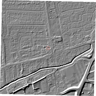 Shaded relief map of the ground around HU139EW, computed from Environment Agency LiDAR. The ground here sits at about 3 m above sea level and falls 10 m across the surrounding 800 m. Surface water reaching this point runs off ground lying to the south, 0.9 m higher.