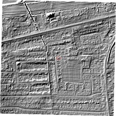 Shaded relief map of the ground around HU139FD, computed from Environment Agency LiDAR. The ground here sits at about 4 m above sea level and falls 7 m across the surrounding 800 m. Surface water reaching this point runs off ground lying to the west-north-west, 3.7 m higher.