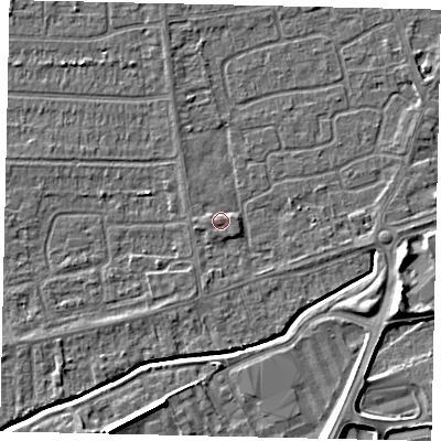 Shaded relief map of the ground around HU139FL, computed from Environment Agency LiDAR. The ground here sits at about 4 m above sea level and falls 7 m across the surrounding 800 m. Surface water reaching this point runs off ground lying to the west, 1.0 m higher.