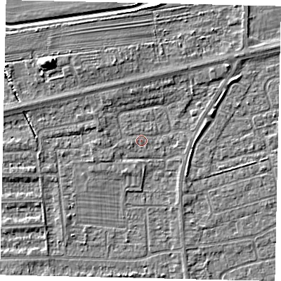 Shaded relief map of the ground around HU139HE, computed from Environment Agency LiDAR. The ground here sits at about 4 m above sea level and falls 8 m across the surrounding 800 m. Surface water reaching this point runs off ground lying to the west-south-west, 0.6 m higher.