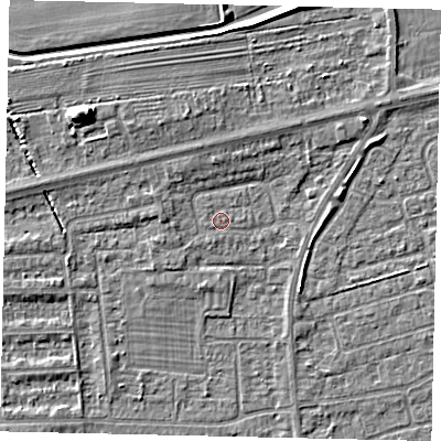 Shaded relief map of the ground around HU139HF, computed from Environment Agency LiDAR. The ground here sits at about 4 m above sea level and falls 8 m across the surrounding 800 m. Surface water reaching this point runs off ground lying to the north-west, 0.5 m higher.